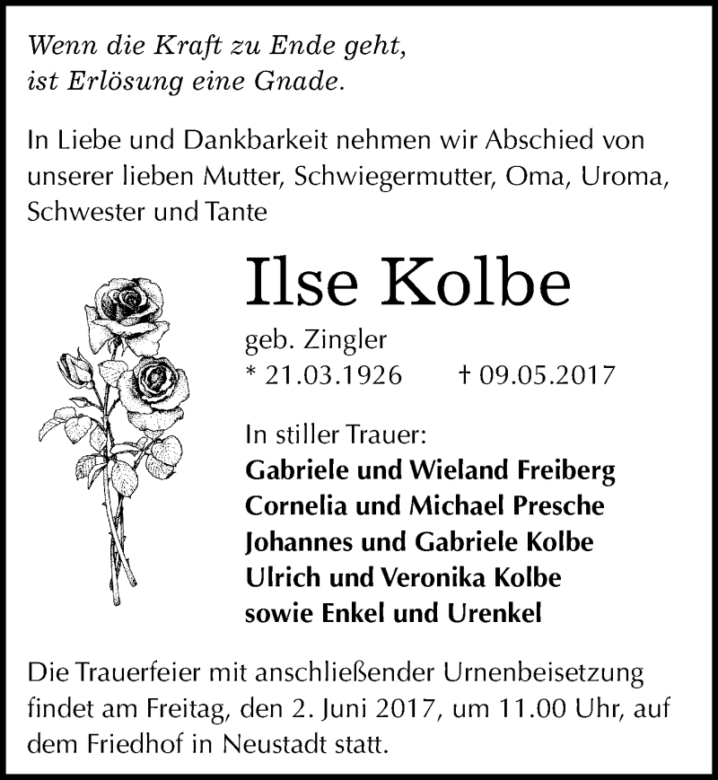  Traueranzeige für Ilse Kolbe vom 20.05.2017 aus Mitteldeutsche Zeitung Halle/Saalkreis