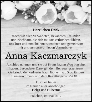 Traueranzeige von Anna Kaczmarczyk von Wochenspiegel Mansfelder Land