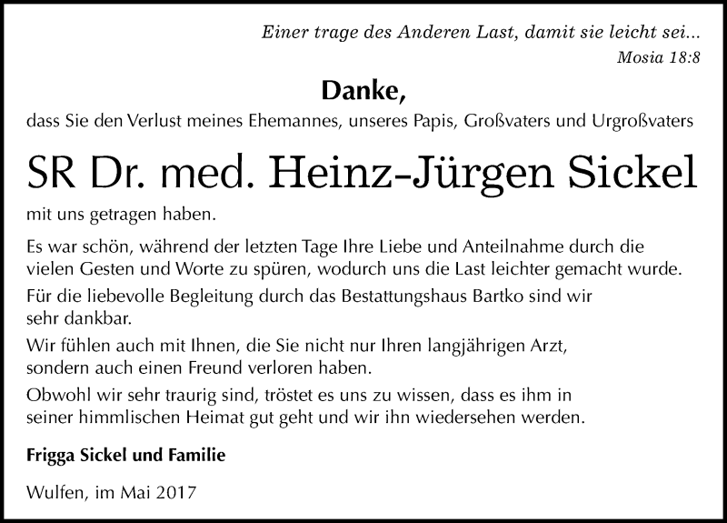 Traueranzeige für Heinz-Jürgen Sickel vom 06.05.2017 aus Mitteldeutsche Zeitung Köthen