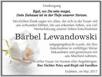 Traueranzeige von Bärbel Lewandowski von Mitteldeutsche Zeitung Mansfelder Land