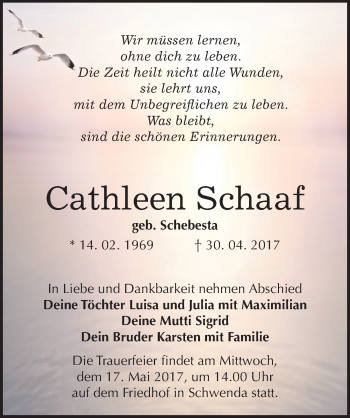 Traueranzeige von Cathleen Schaaf von Mitteldeutsche Zeitung Sangerhausen