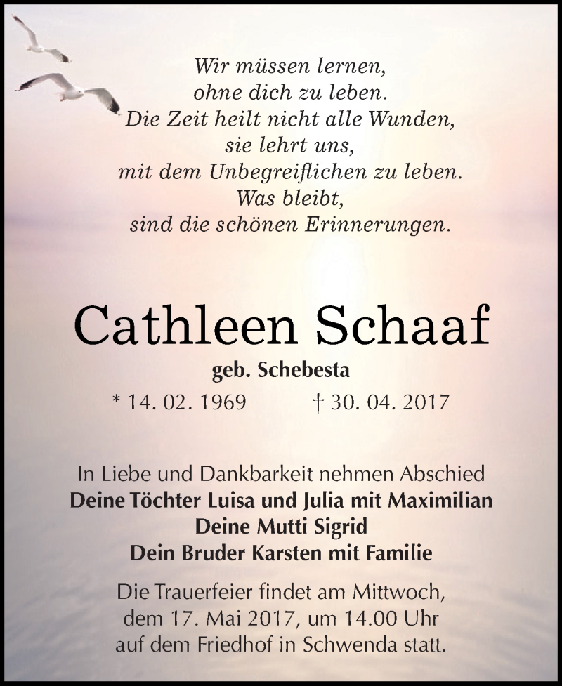  Traueranzeige für Cathleen Schaaf vom 13.05.2017 aus Super Sonntag SGH Mansf. Land