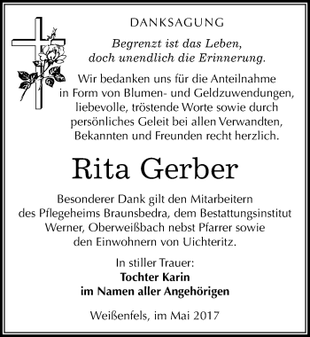 Traueranzeige von Rita Gerber von Mitteldeutsche Zeitung Weißenfels