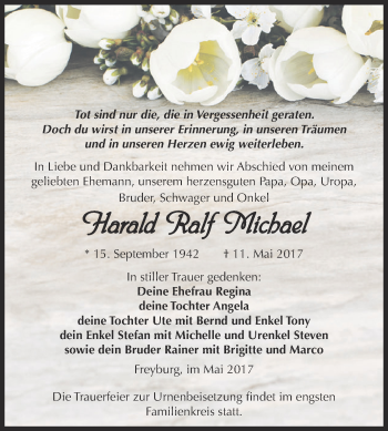 Traueranzeige von Harald Ralf Michael von WVG - Wochenspiegel NMB / WSF / ZTZ