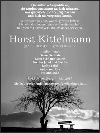 Traueranzeige von Horst Kittelmann von WVG - Wochenspiegel Wittenberg