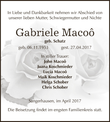 Traueranzeige von Gabriele Macoô von Super Sonntag SGH Mansf. Land