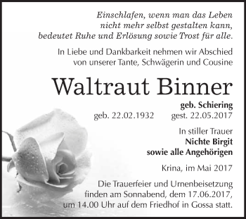 Traueranzeige von Waltraut Binner von WVG - Wochenspiegel Bitterfeld