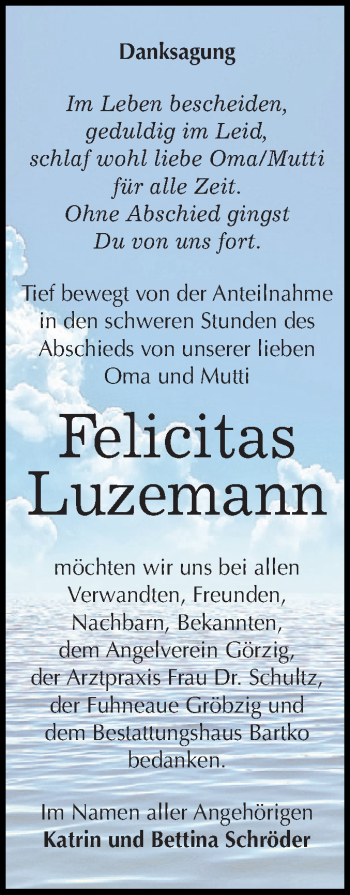 Traueranzeige von Felicitas Luzemann von WVG - Wochenspiegel Dessau / Köthen