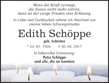 Traueranzeige von Edith Schöppe von Mitteldeutsche Zeitung Mansfelder Land