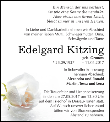 Traueranzeige von Edelgard Kitzing von WVG - Wochenspiegel Dessau / Köthen