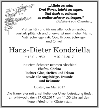 Traueranzeige von Hans-Dieter Kondziella von Mitteldeutsche Zeitung Bernburg