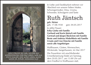 Traueranzeige von Ruth Jäntsch von Mitteldeutsche Zeitung Sangerhausen