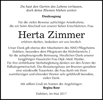 Traueranzeige von Herta Zimmer von Mitteldeutsche Zeitung Mansfelder Land