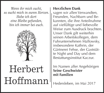 Traueranzeige von Herbert Hoffmann von WVG - Wochenspiegel Quedlinburg