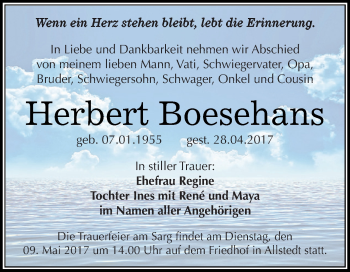 Traueranzeige von Herbert Boesehans von Super Sonntag SGH Mansf. Land
