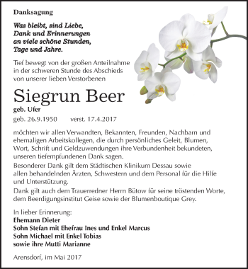 Traueranzeige von Siegrun Beer von Mitteldeutsche Zeitung Köthen