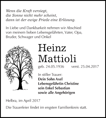Traueranzeige von Heinz Mattioli von Wochenspiegel Mansfelder Land