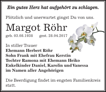 Traueranzeige von Margot Röhr von Mitteldeutsche Zeitung Weißenfels