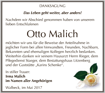 Traueranzeige von Otto Malich von Wochenspiegel Mansfelder Land