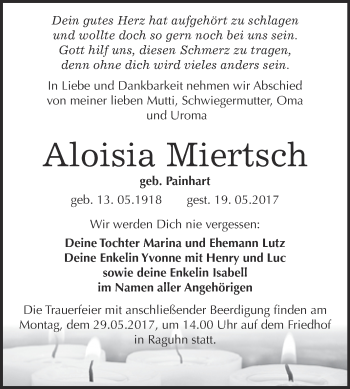 Traueranzeige von Aloisia Miertsch von WVG - Wochenspiegel Bitterfeld