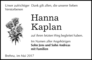 Traueranzeige von Hanna Kaplan von Mitteldeutsche Zeitung Bitterfeld