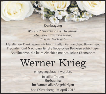 Traueranzeige von Werner Krieg von Super Sonntag Merseburg