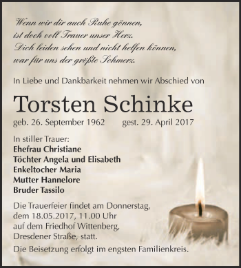 Traueranzeige von Torsten Schinke von WVG - Wochenspiegel Wittenberg