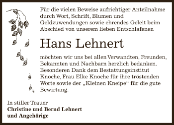 Traueranzeige von Hans Lehnert von Super Sonntag Aschersleben