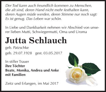 Traueranzeige von Jutta Schlauch von Mitteldeutsche Zeitung Zeitz