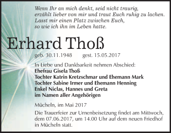 Traueranzeige von Erhard Thoß von WVG - Wochenspiegel Merseburg