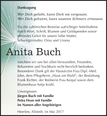 Traueranzeige von Anita Buch von Mitteldeutsche Zeitung Sangerhausen
