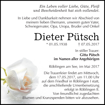 Traueranzeige von Dieter Pütsch von Super Sonntag SGH Mansf. Land