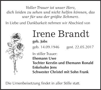 Traueranzeige von Irene Brandt von WVG - Wochenspiegel Bitterfeld