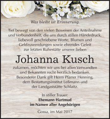 Traueranzeige von Johanna Kusch von Mitteldeutsche Zeitung Bitterfeld