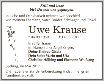Traueranzeige von Uwe Krause von Wochenspiegel Mansfelder Land
