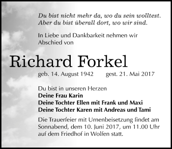 Traueranzeige von Richard Forkel von Mitteldeutsche Zeitung Bitterfeld