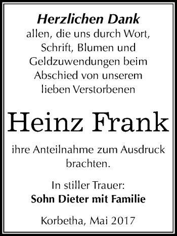 Traueranzeige von Heinz Frank von Mitteldeutsche Zeitung Merseburg/Querfurt