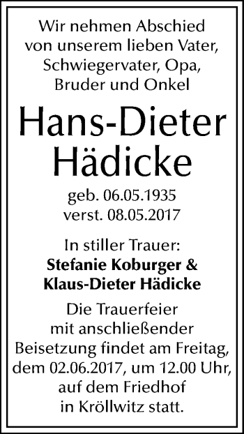 Traueranzeige von Hans-Dieter Hädicke von Mitteldeutsche Zeitung Halle/Saalkreis