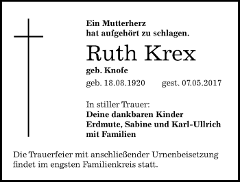 Traueranzeige von Ruth Krex von Mitteldeutsche Zeitung Halle/Saalkreis