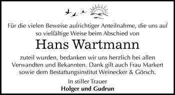 Traueranzeige von Hans Wartmann von Mitteldeutsche Zeitung Bernburg