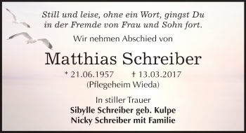 Traueranzeige von Matthias Schreiber von Mitteldeutsche Zeitung Merseburg/Querfurt