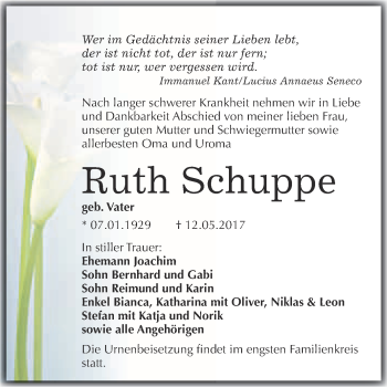 Traueranzeige von Ruth Schuppe von WVG - Wochenspiegel Merseburg