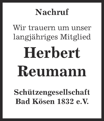 Traueranzeige von Herbert Reumann von WVG - Wochenspiegel NMB / WSF / ZTZ
