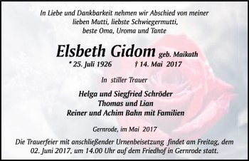 Traueranzeige von Elsbeth Gidom von Mitteldeutsche Zeitung Quedlinburg