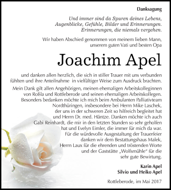 Traueranzeige von Joachim Apel von Super Sonntag SGH Mansf. Land