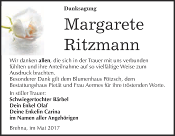 Traueranzeige von Margarete Ritzmann von WVG - Wochenspiegel Bitterfeld
