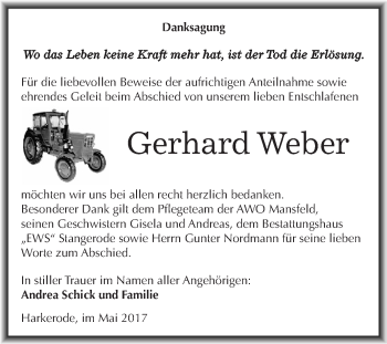 Traueranzeige von Gerhard Weber von Wochenspiegel Mansfelder Land