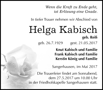 Traueranzeige von Helga Kabisch von Mitteldeutsche Zeitung Sangerhausen
