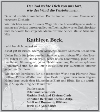 Traueranzeige von Kathleen Beck von WVG - Wochenspiegel NMB / WSF / ZTZ