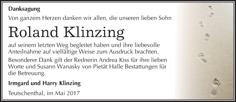  Traueranzeige für Roland Klinzing vom 13.05.2017 aus Mitteldeutsche Zeitung Halle/Saalkreis